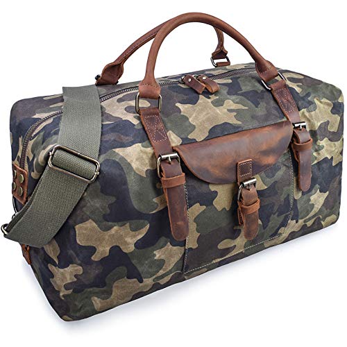 Oversized Travel Duffel Bag Waterproof Canvas Genuine Leather Weekend bag Weekender Overnight Carryon Hand Bag Camo