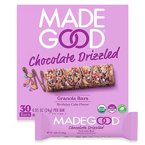 MadeGood Chocolate Drizzled Granola Bars, Birthday Cake (30 Count) Bulk Gluten Free Snacks
