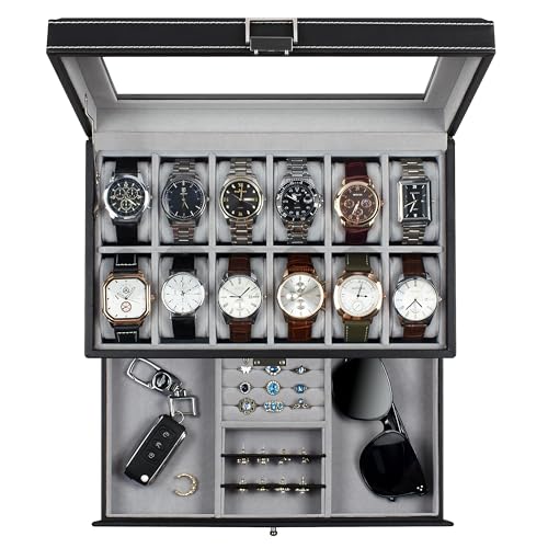 GUKA Watch Box 12 Slot Watch Display Organizer Leather Jewelry Case Drawer Glass Birthday for Men Women, Child Husband Dad