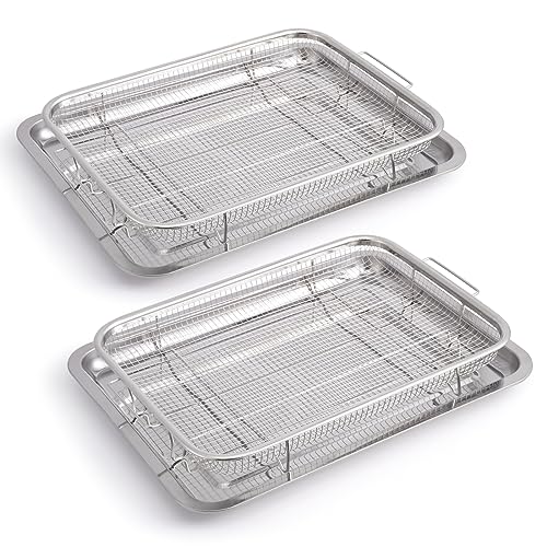 DONGULI 2 Set Air Fryer Basket for Oven, 15.3x11.6 Inch Upgrade Stainless Steel Crisper Basket Tray, Non-Stick Air Fryer Accessories Pan for Oven, Air Fryer Baking Tray and Pan