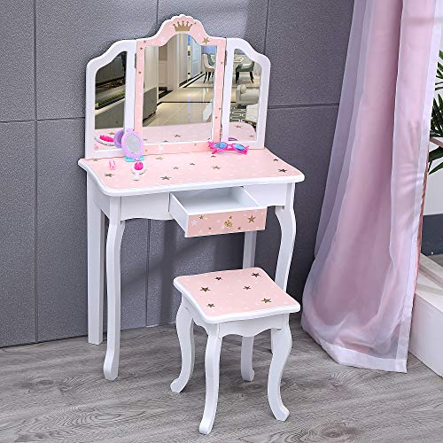 Nromant Kids Vanity Table and Chair Set, Girls Vanity Set with Stool, Tri-Folding Mirror, Makeup Dressing Princess Table with Drawer for Little Girls