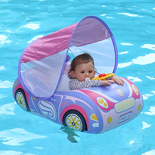 Swimbobo Toddler Pool Float Inflatable Car Baby Swim Float with Adjustable Sun Canopy and Safety Seat Pool Toys for Kids 3+ Years Old(Purple Pink Car)