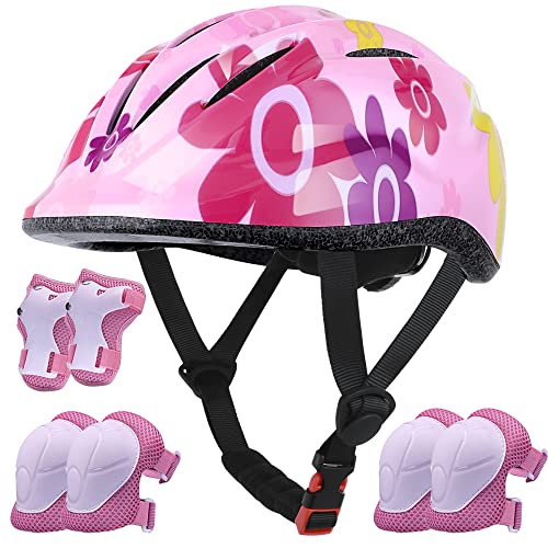 Lamsion Kids Helmet Adjustable with Sports Protective Gear Set Knee Elbow Wrist Pads for Toddler Ages 3 to 8 Years Old Boys Girls Cycling Skating Scooter Helmet-(Pink Sun Flower)