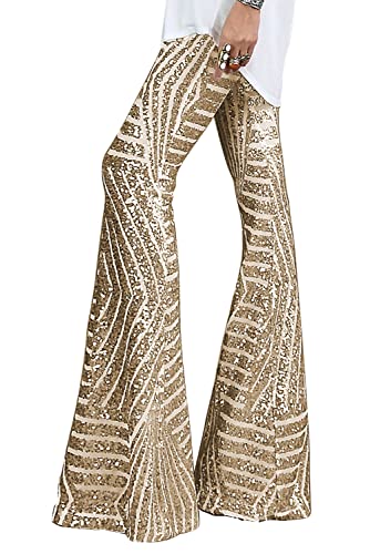 BLENCOT Womens Glitter Sequin Wide Leg Palazzo Pants High Waist Bell Bottoms Night Club Sparkle Flared Trousers Apricot S