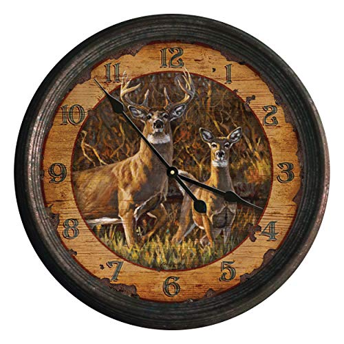 Rivers Edge Products 15 Inch Large Wall Clock, Distressed Analog Clock with Tin Frame, Rustic Wall Clock for Bedroom, Living Room, Bathroom, Kitchen, Office, or Cabin Decor, Buck and Doe