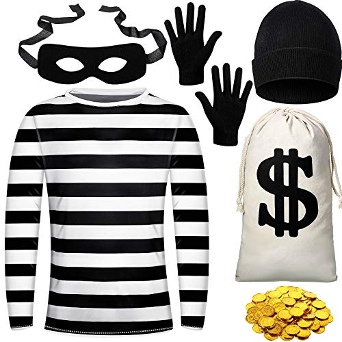 Halloween Robber Costume Set, Include Striped Long Sleeve T-Shirt Knit Cap Gloves Canvas Bags, Eye Mask and Gold Coins (Large)