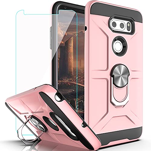 YmhxcY Case Compatible with LG V35 ThinQ/V30/V30 Plus/ V30S ThinQ/ V35 Case with HD Screen Protector,360 Degree Rotating Ring Kickstand Holder Dual Layers of Shockproof Case for V30-ZS Rose Gold