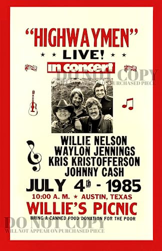 The Highwaymen Poster 11 X 17 - 4th of July Picnic - Willie Nelson - Johnny Cash - Waylon Jennings - Kris Kristofferson - Live 1985 Austin, Texas - Outlaw Country - Vintage Concert Artwork - Rare Art