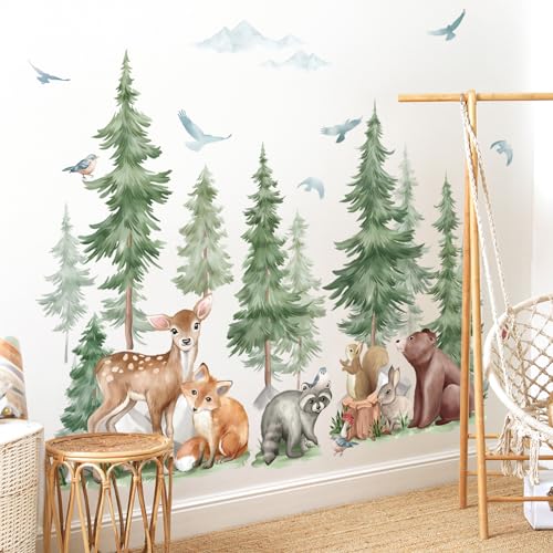 wondever Mountain Tree Wall Stickers Large Pine Tree Forest Animal Bear Fox Peel and Stick Wall Art Decals for Kids Room Baby Nursery Bedroom