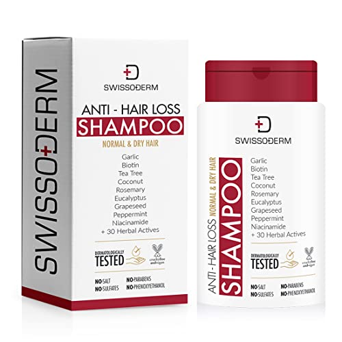 SWISSODERM Anti Hair Loss Shampoo - Biotin Hair Growth Treatment with Garlic, Rosemary, 40 Herbal Actives - Sulfate-Free Formula for Thicker Fuller Locks - Ideal for Men and Women - Prevents Hair Loss