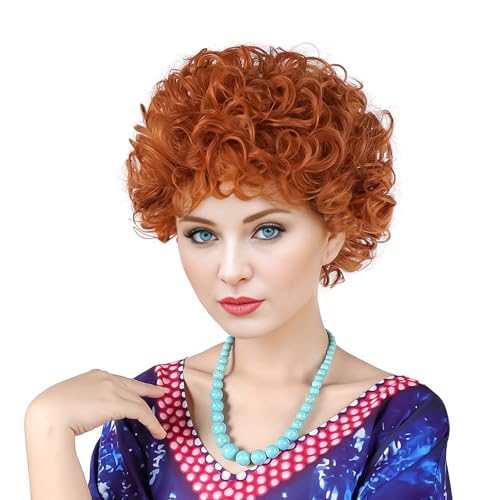 MUPUL Red Orange Curly Wig for Women Landlady Costume Short Reddish Orange Fluffy Synthetic Hair Wigs for Adults Women's Cosplay Halloween Party