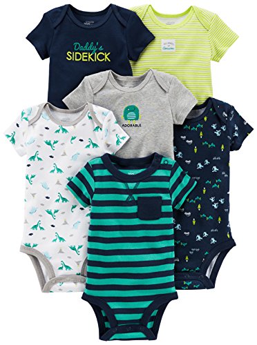 Simple Joys by Carter's Baby Boys' 6-Pack Short-Sleeve Bodysuit, Multicolor/Cars/Dinosaur/Stripe, 0-3 Months