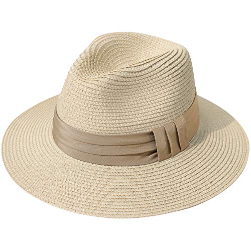 Lanzom Women Wide Brim Straw Panama Roll up Hat Fedora Beach Sun Hat UPF50+ (B-Khaki)