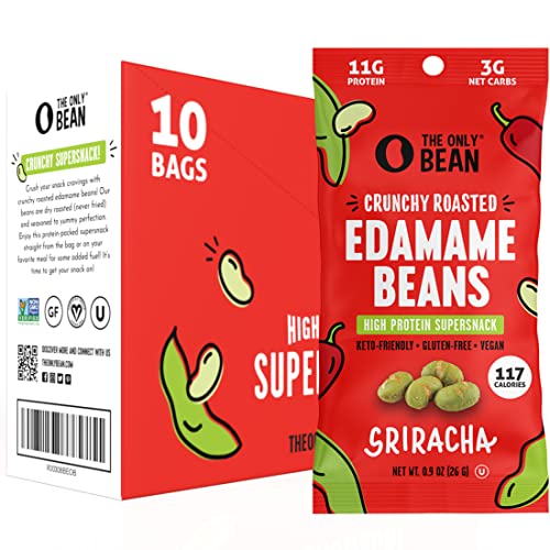 The Only Bean Crunchy Roasted Edamame Snacks Pack (Sriracha), Protien Keto Food, Gluten Free, Asian Chinese Korean Japanese Snacks, Hot Spicy Snack Low 100 Calorie , 0.9oz 10 Pack