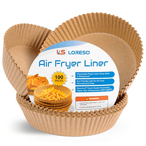 LORESO Air Fryer Paper Liner, 100 Count - Parchment Paper Basket Lining for 2-5 Quart Air Fryer, Non-Stick Cooking Surface, Microwaves and Conventional Oven Safe (6.3' Round - 100CT)