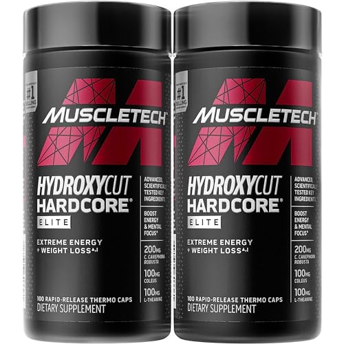 Hydroxycut Hardcore Elite - 100 Rapid-Release Thermo Caps, Pack of 2 - Energy & Focus - for Men & Women - 100 Total Servings