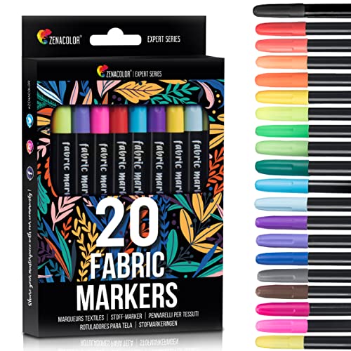 Zenacolor 20 Fabric Markers Pens Set - Non Toxic Fabric Paint Fine Point Textile Marker Pen