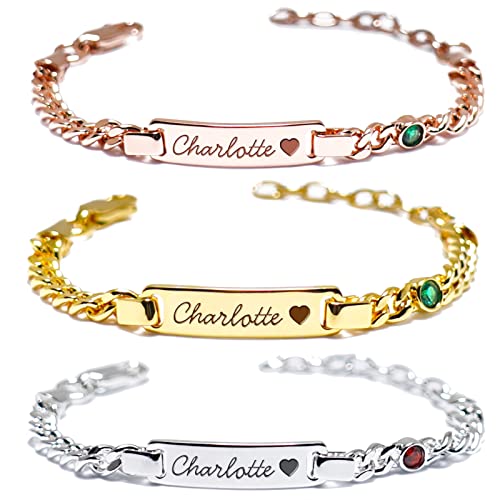 purefly Personalized Name Bracelets with Birthstone, Easter Basket Stuffers for Kids, 18k Gold Plated, Adjustable Length, Baby Bracelets for Infant Girls & Boy, Customized Jewelry for Toddlers