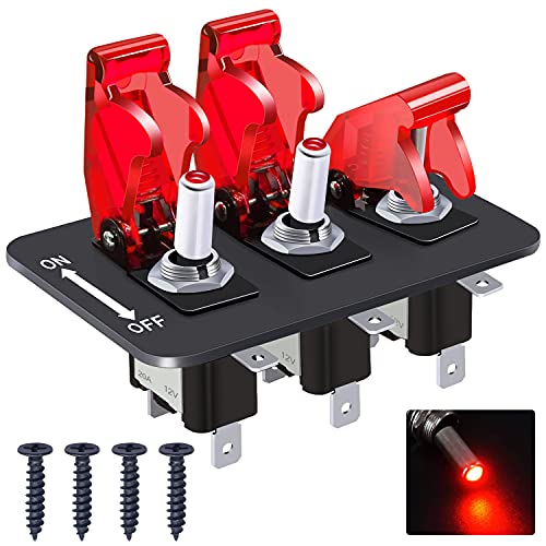 Twidec/3 Gang Rocker Toggle Switch Panel with 12V LED Light Toggle Switch 20A Heavy Duty Racing Car SPST 3Pin ON/Off Red LED Illuminated Switch Plate and Red Waterproof Safety Cover ASW-07DRRMZ-BZ