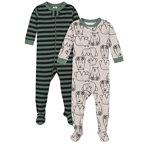 Gerber Baby Boys' 2-Pack Footed Pajamas, Bear Green Stripes White, 12 Months