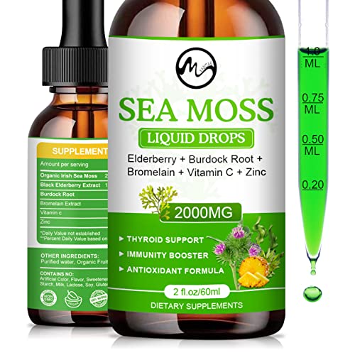 Sea Moss Liquid Drops - Irish Sea Moss 2000mg with Elderberry, Burdock Root, Bromelain, Vitamin C and Zinc - 98 Essential Minerals Seamoss Supplement for Immune, Joint, Digestion, Aging Support - 2oz