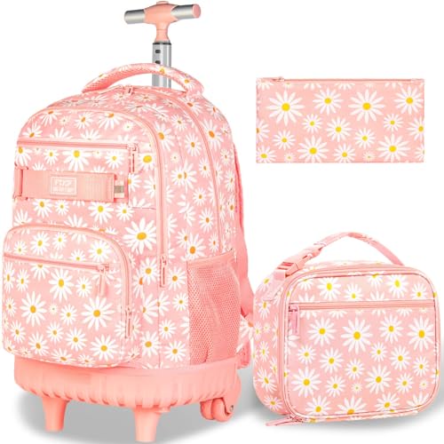 gxtvo Girls Rolling Backpack, Women Roller Bookbag with Lunch Box for Adults, Water Resistant Wheeled School Bag for College Teens Kids Travel - Pink Flower