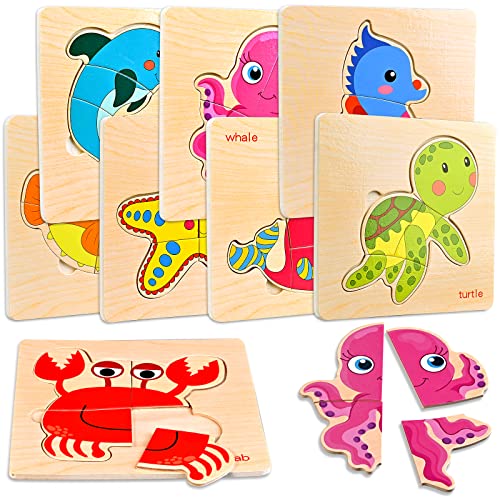 Faburo 8pcs Wooden Puzzles for Toddlers 1-3, Toddler Puzzles Ages 2-4, Montessori Toys for 1-3+ Years Girl Boy, Sea Animal Puzzle for Kids, Jigsaw Puzzles Educational Toys Preschool Puzzles for 1-3