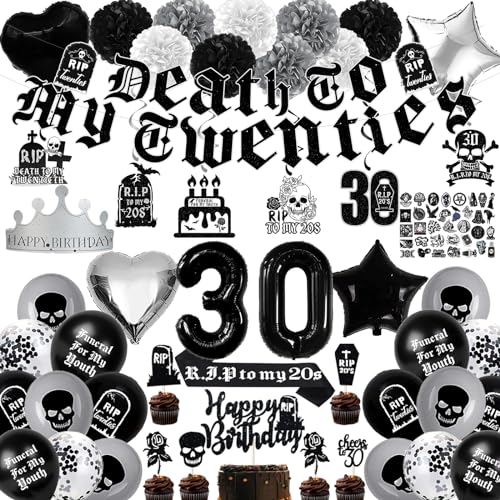Black 30th Birthday Decorations for Women or Men, Death to My 20s Decorations, Death to My Twenties Banner Number 30 Balloons Rip to My 20s Sash Cake Toppers for Rip 20s Birthday Decorations