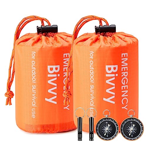 Esky Emergency Sleeping Bag, 2 Pack Survival Bag Portable Thermal Bivy Sack, Waterproof Lightweight Emergency Blanket Survival Gear with Compass and Whistle for Camping Hiking Outdoor Adventure