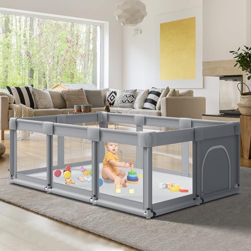 Fshibila 74' ×50' Large Baby Playpen, Baby Playard for Babies and Toddlers, Baby Fence Play Pens for Indoor & Outdoor, Sturdy Safety Play Yard with Soft Breathable Mesh, Anti-Fall, Grey