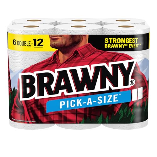 Brawny Pick-A-Size Paper Towels, 6 Double Rolls = 12 Regular Rolls, 2 Sheet Sizes (Half or Full), Strong Paper Towel For Everyday Use