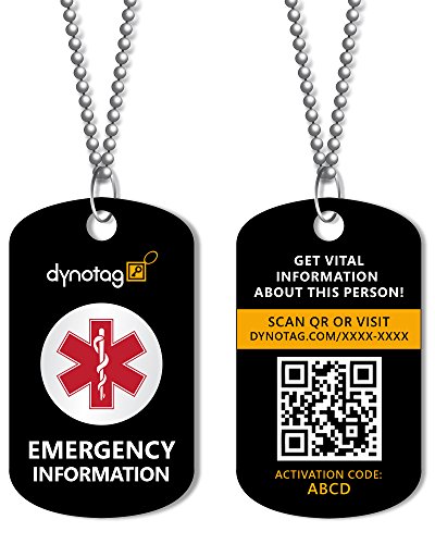 Dynotag SuperAlert Smart Medical ID with Detailed Online Profile; Military Style Steel Pendant & Chain Set, with Lifetime Subscription