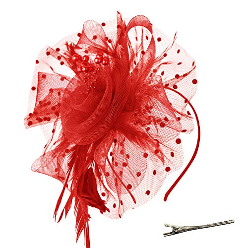 DRESHOW Fascinators Hat Flower Mesh Ribbons Feathers on a Headband and a Clip Tea Party Headwear for Girls and Women