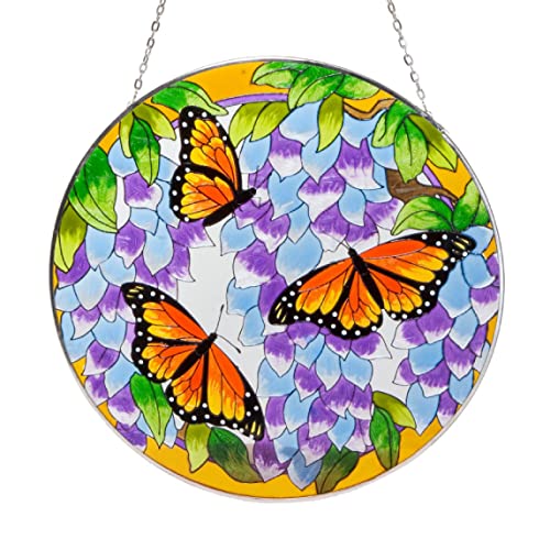 Bits and Pieces - Artistic Butterfly Suncatcher - Stained Glass Window Hanging - Hand-Painted Monarch Butterfly Suncatcher – Home Garden Decor - 9¾''
