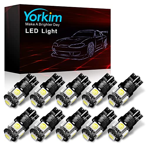 Yorkim 194 LED Bulbs White 6000k Super Bright 5th Generation, T10, 168 LED Bulb for Car Interior Dome Map Door Courtesy License Plate Lights W5W 2825, Pack of 10