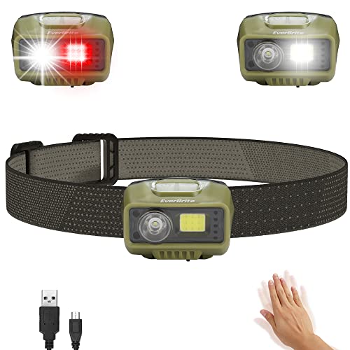 EverBrite Rechargeable Headlamp, LED Bright Motion Sensor Head Lamp Flashlight with 9 Modes, Adjustable Headlight for Adults Kids with White Red Light, Waterproof, Green, for Hiking, Running, Camping
