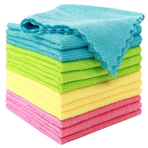 MOONQUEEN 12 Pack Microfiber Cleaning Cloth - Reusable Cleaning Rag, Fast Drying Cleaning Towels,12'X12', Green/Blue/Yellow/Pink