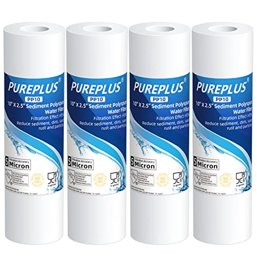 PUREPLUS 5 Micron 10' x 2.5' Whole House Sediment Home Water Filter Cartridge Replacement for Any 10 inch RO Unit, Culligan P5, Aqua-Pure AR110, Dupont WFPFC5002, CFS10, WHKF-G05, 4Pack