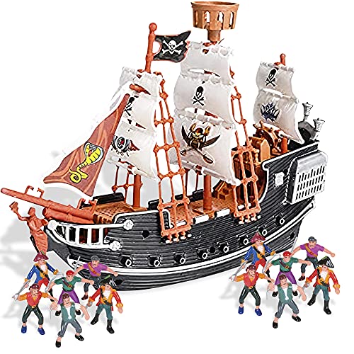 HOWBOUTDIS Pirate Playset - 10 inch Pirate Ship with 2 inch Pirate Figurines - Hours of Imaginative Play- Makes a Great Gift or a Fun Prize - Ages 3yrs+