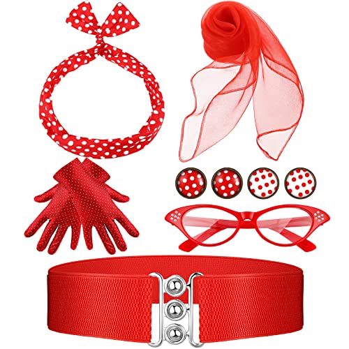 7 Pcs 50's Women Costume Accessories Scarf Polka Dot Cat Eye Glasses Bandana Tie Headband Earrings Gloves Waistband(Red)
