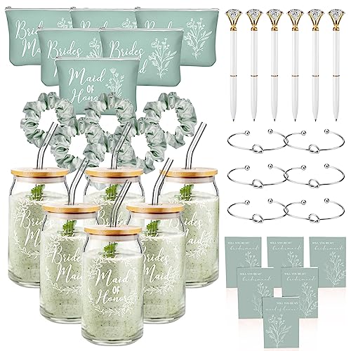 Irenare 36 Pcs Bridesmaid Proposal Gifts Bridal Shower Gifts 16 oz Glass Cup Cosmetic Makeup Bags Invited Cards Scrunchies Hair Knotted Bracelets Diamond Pens Favors for Wedding (Green)
