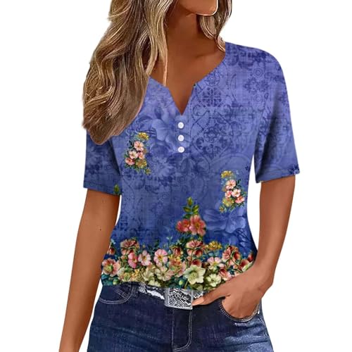 Todays Daily Deals Clearance Women Shirts Spring Summer Casual Trendy 2024 Printed Short Sleeve Tunic Tops Crewneck Tees Plus Size Blouse Novelty T Shirt Boho Clothes Pullover Blue