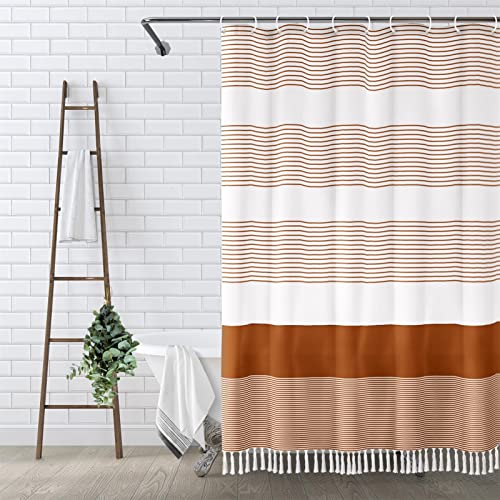 Awellife Boho Orange Shower Curtain for Bathroom Stripe Tassel Shower Curtain 72 X 72 Inches Farmhouse Linen