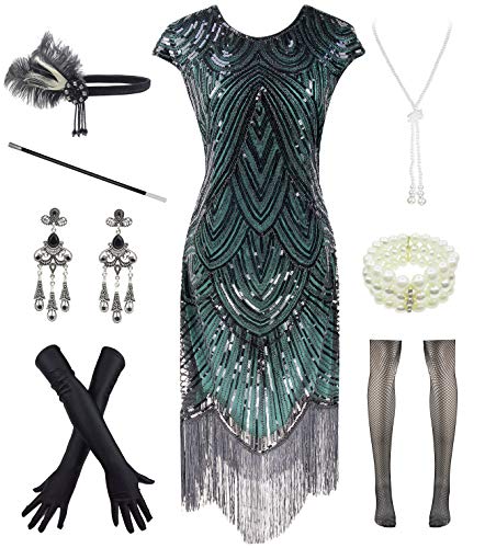 Letter Love Women 1920s Vintage Flapper Fringe Beaded Gatsby Party Dress With 20s Accessories Set (M, Black Green)