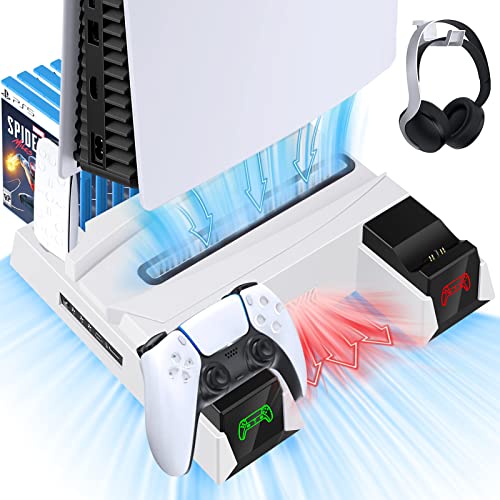 ASUNCELL PS5 Stand Suction Cooling Station with AC Adapter Dual Controller Charging Station for Playstation 5 PS5 Cooling Fan Stand PS5 Controller Charger Accessories Headset Holder