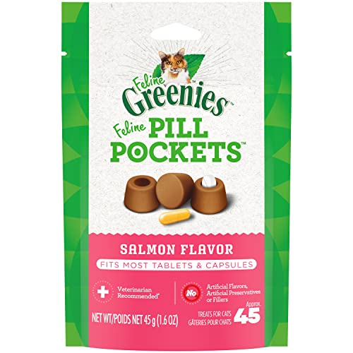 Greenies Feline Pill Pockets for Cats Natural Soft Cat Treats, Salmon Flavor, 1.6 oz. Pack (45 Treats)