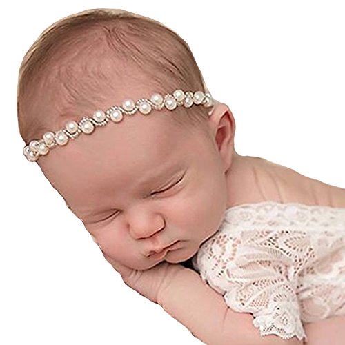 RQJ Baby Soft Rhinestone Elastic Headband Props Infant Pearl Headwrap Handcraft Halo Beaded Crystal Pearl Wreath with Diamante Flower Crown for Newborn