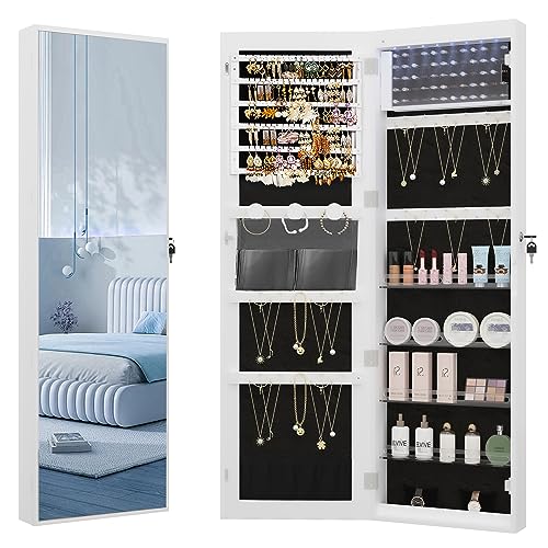Hzuaneri 8 LEDs Mirror Jewelry Cabinet, 47.2-inch Jewelry Armoire Organizer, Wall/Door Mount Lockable Storage Cabinet with 6 Earrings Shelves, 2 Makeup Pockets, White and Black JC12003B