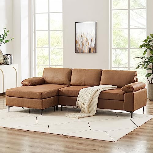 VANOMi 100' Sectional Sofa, Faux Leather Mid-Century Modern Reversible Couch, L Shaped 3-Seat Sofa Couch with Chaise for Living Room, Brown