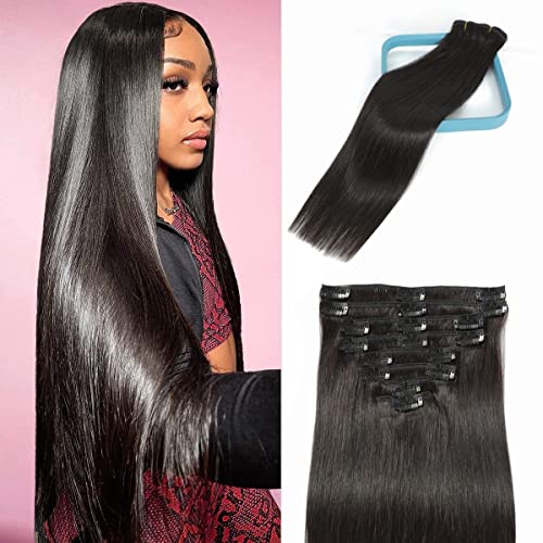 LORIEN Clip in Hair Extensions Real Human Hair 100g/3.6oz Clip in 100% Brazilian Remy Human Hair Extensions 8pcs Per Set with 18 Clips Double Weft (18 Inch, 1B Natural Black Color)